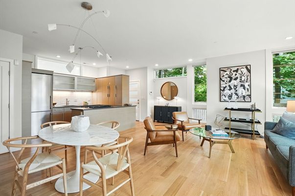 Dining room, Interior, Kitchen, Living room, Pendant Lights, Recessed Lighting, Stainless Steel Appliances, Wood Texture Flooring