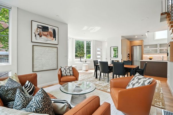 Dining room, Interior, Kitchen, Living room, Pendant Lights, Recessed Lighting, Stainless Steel Appliances, Wood Texture Flooring
