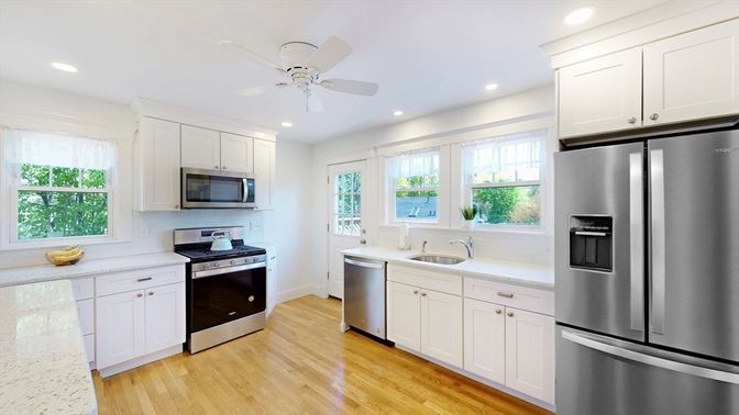 Interior, Kitchen, Recessed Lighting, Stainless Steel Appliances, Wood Texture Flooring