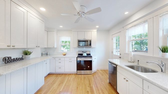Interior, Kitchen, Recessed Lighting, Stainless Steel Appliances, Wood Texture Flooring