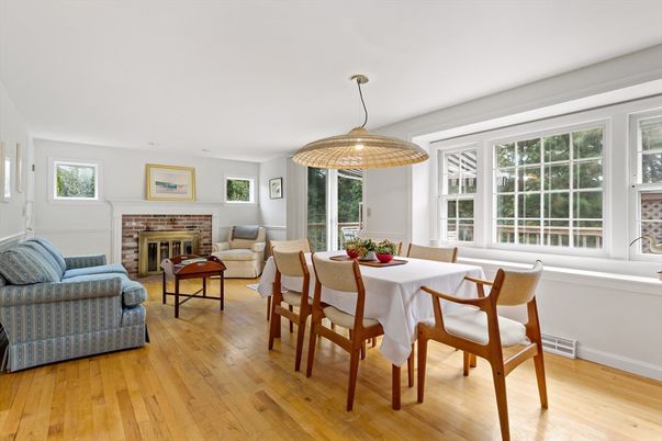 Dining room, Fireplace, Interior, Living room, Pendant Lights, Wood Texture Flooring