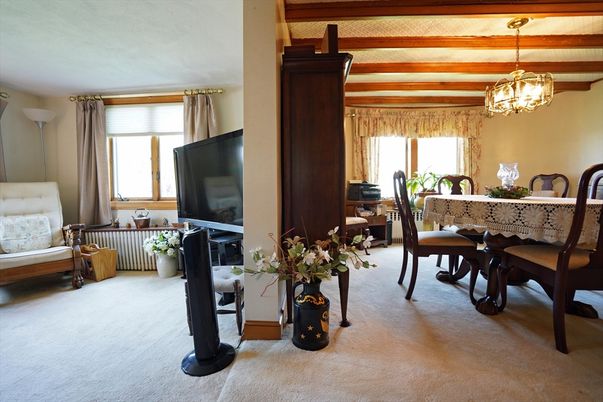 Chandelier, Dining room, Interior, Wooden Beams