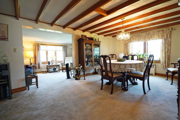 Chandelier, Dining room, Interior, Wooden Beams