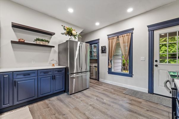 Interior, Kitchen, Recessed Lighting, Stainless Steel Appliances, Wood Texture Flooring