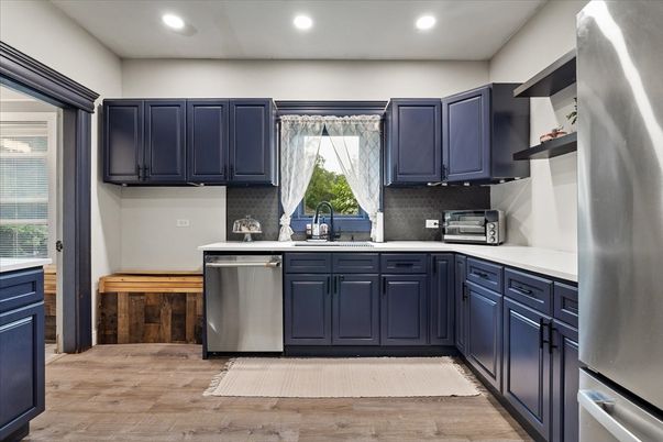 Interior, Kitchen, Recessed Lighting, Stainless Steel Appliances, Wood Texture Flooring