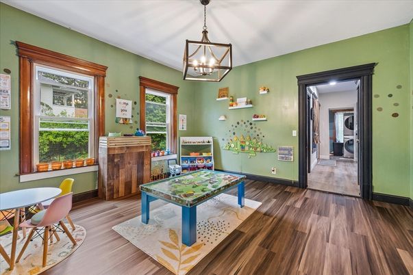 Dining room, Game Room, Interior, Pendant Lights, Wood Texture Flooring