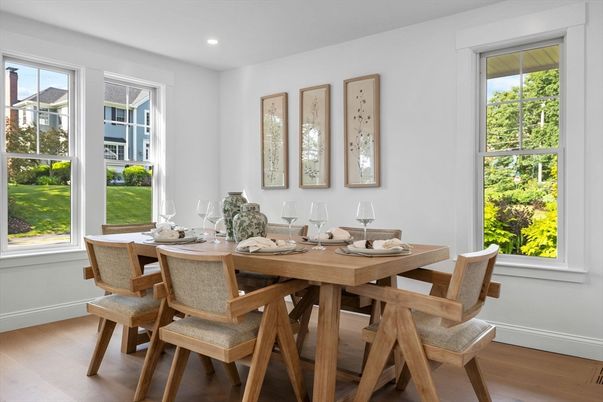 Dining room, Interior, Recessed Lighting, Wood Texture Flooring