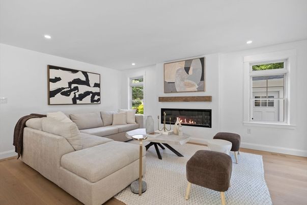 Fireplace, Interior, Living room, Recessed Lighting, Wood Texture Flooring