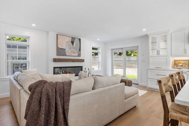 Fireplace, Interior, Living room, Recessed Lighting, Wood Texture Flooring