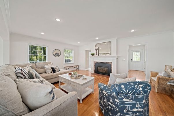 Fireplace, Interior, Living room, Recessed Lighting, Wood Texture Flooring