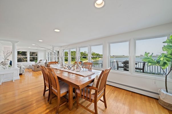 Dining room, Interior, Living room, Recessed Lighting, Water, Wood Texture Flooring