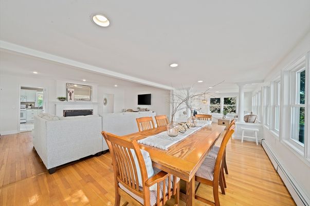 Dining room, Fireplace, Interior, Living room, Recessed Lighting, Wood Texture Flooring