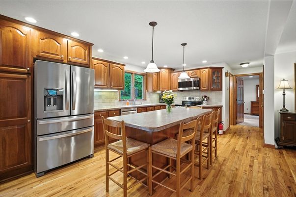 Interior, Kitchen, Pendant Lights, Recessed Lighting, Stainless Steel Appliances, Wood Texture Flooring