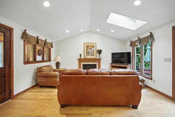 Fireplace, Interior, Living room, Recessed Lighting, Wood Texture Flooring
