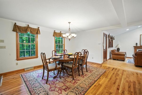 Chandelier, Dining room, Interior, Recessed Lighting, Wood Texture Flooring