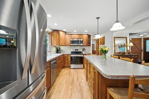 Interior, Kitchen, Pendant Lights, Recessed Lighting, Stainless Steel Appliances, Wood Texture Flooring