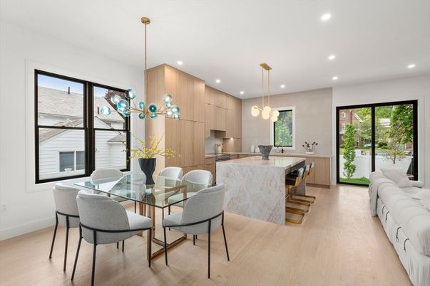 Dining room, Interior, Kitchen, Pendant Lights, Recessed Lighting, Wood Texture Flooring