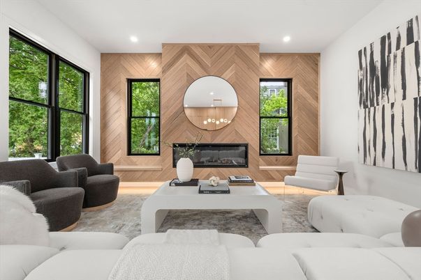 Chandelier, Fireplace, Interior, Living room, Recessed Lighting, Wood Texture Flooring, Wooden Walls