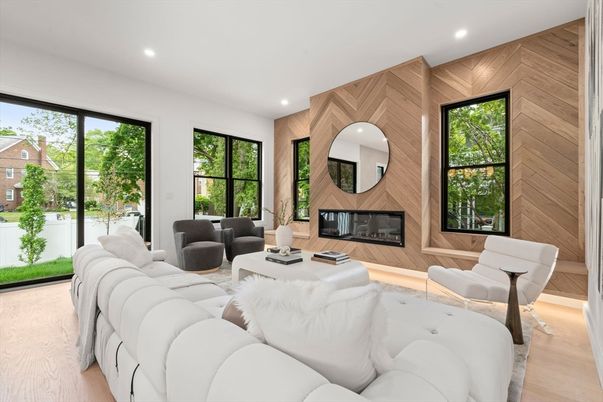 Fireplace, Interior, Living room, Recessed Lighting, Wood Texture Flooring, Wooden Walls