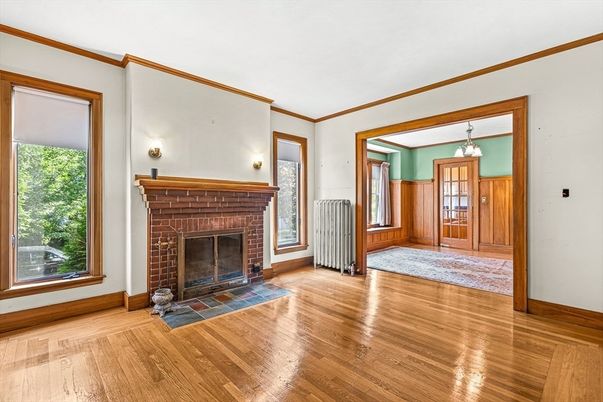 Fireplace, Interior, Pendant Lights, Wood Texture Flooring