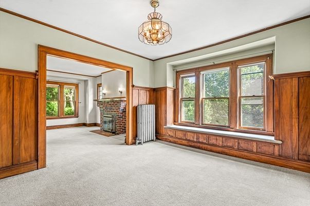 Chandelier, Empty room, Fireplace, Interior