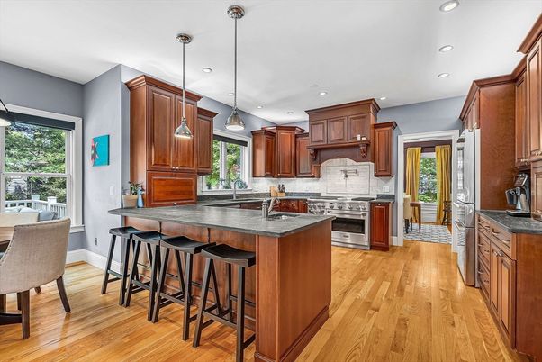 Interior, Kitchen, Pendant Lights, Recessed Lighting, Stainless Steel Appliances, Wood Texture Flooring