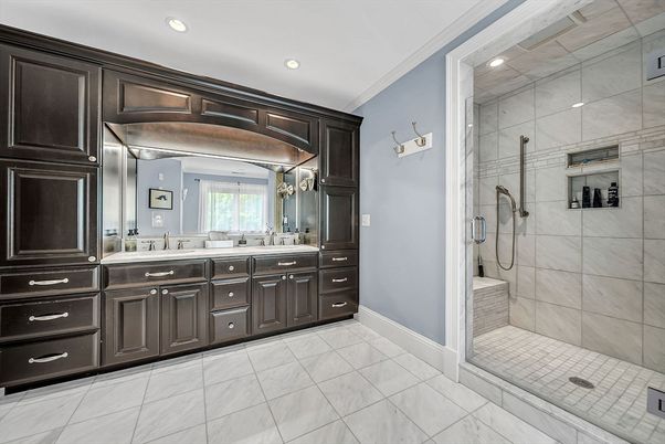 Bathroom, Dual Sink Vanities, Glass Shower, Interior, Marble, Recessed Lighting