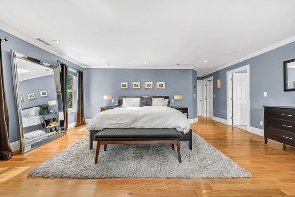 Bedroom, Interior, Pendant Lights, Recessed Lighting, Wood Texture Flooring