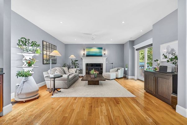 Fireplace, Interior, Living room, Recessed Lighting, Wood Texture Flooring