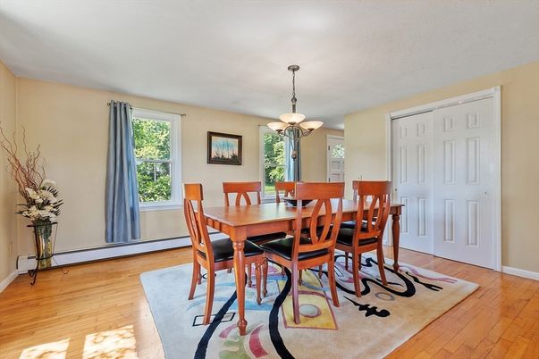 Dining room, Interior, Pendant Lights, Wood Texture Flooring