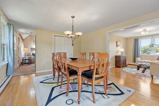 Dining room, Interior, Pendant Lights, Wood Texture Flooring