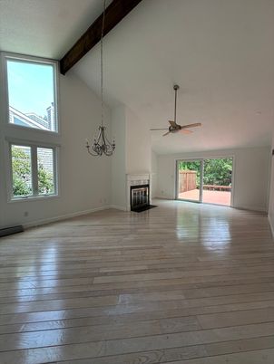 Chandelier, Empty room, Fireplace, Interior, Wooden Beams, Wood Texture Flooring