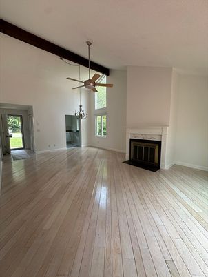 Empty room, Fireplace, Interior, Pendant Lights, Wood Texture Flooring