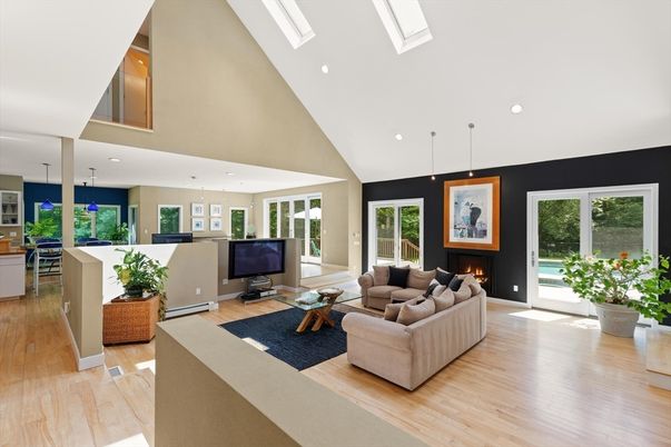 Dining room, Fireplace, Interior, Living room, Pendant Lights, Recessed Lighting, Wood Texture Flooring