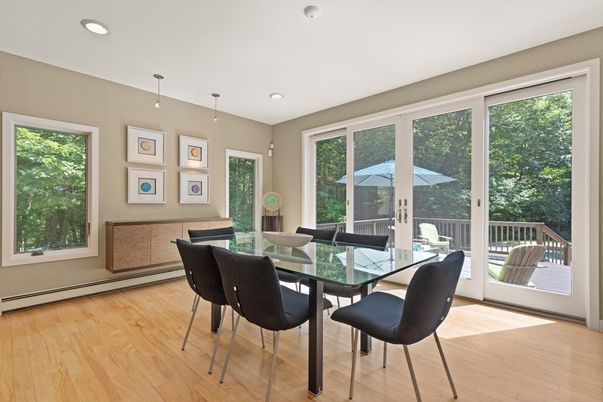 Dining room, Interior, Pendant Lights, Recessed Lighting, Wood Texture Flooring