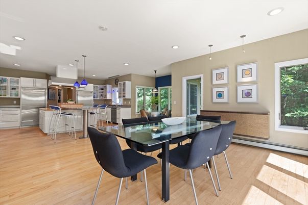 Dining room, Interior, Kitchen, Pendant Lights, Recessed Lighting, Stainless Steel Appliances, Wood Texture Flooring