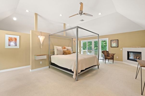 Bedroom, Fireplace, Interior, Pendant Lights, Recessed Lighting