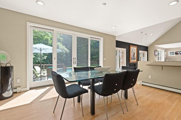 Dining room, Interior, Pendant Lights, Recessed Lighting, Wood Texture Flooring