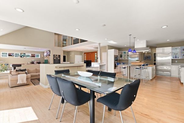 Dining room, Interior, Kitchen, Living room, Pendant Lights, Recessed Lighting, Stainless Steel Appliances, Wood Texture Flooring