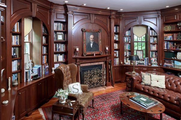 Fireplace, Home Office, Interior, Recessed Lighting, Wood Texture Flooring, Wooden Walls
