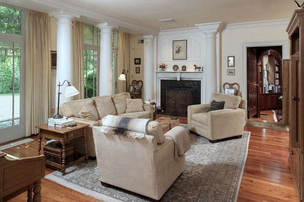 Fireplace, Interior, Living room, Recessed Lighting, Wood Texture Flooring