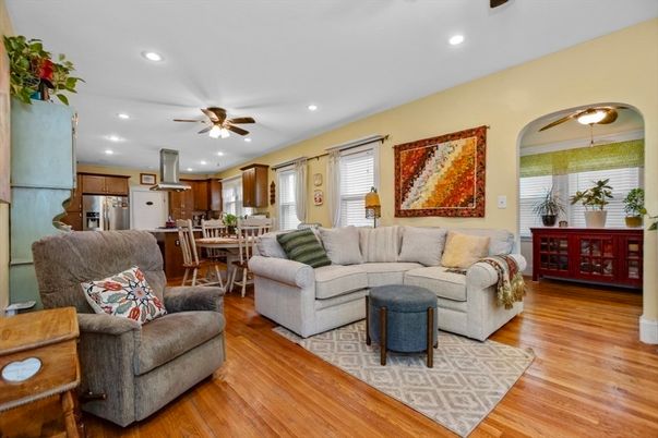 Dining room, Interior, Kitchen, Living room, Recessed Lighting, Stainless Steel Appliances, Wood Texture Flooring