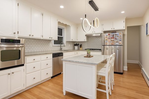 Interior, Kitchen, Pendant Lights, Recessed Lighting, Stainless Steel Appliances, Wood Texture Flooring