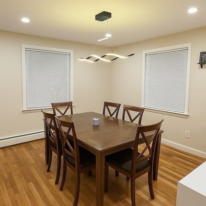 Dining room, Interior, Pendant Lights, Recessed Lighting, Wood Texture Flooring