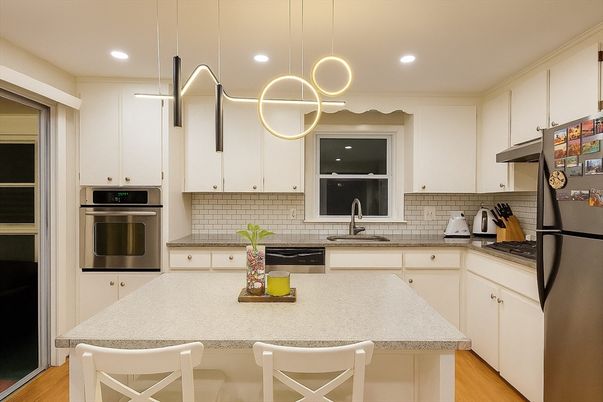 Interior, Kitchen, Pendant Lights, Recessed Lighting, Stainless Steel Appliances, Wood Texture Flooring