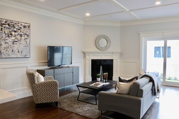Fireplace, Interior, Living room, Recessed Lighting, Wood Texture Flooring