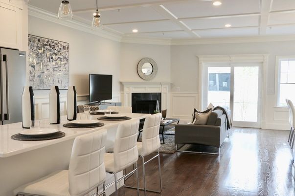 Fireplace, Interior, Living room, Pendant Lights, Recessed Lighting, Wood Texture Flooring