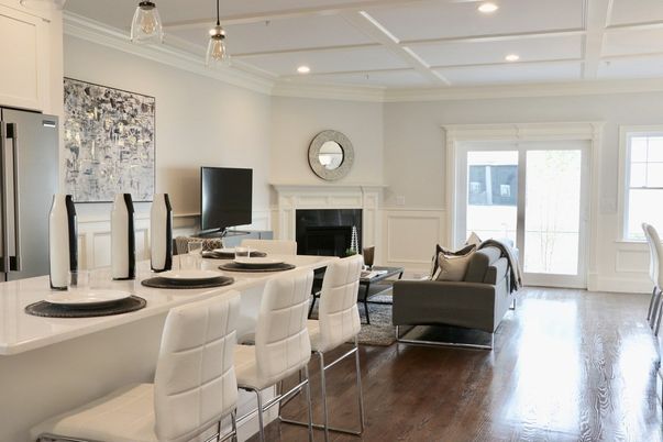 Fireplace, Interior, Living room, Pendant Lights, Recessed Lighting, Wood Texture Flooring