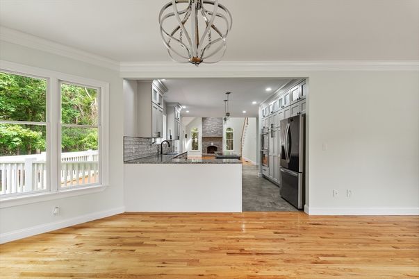 Chandelier, Fireplace, Interior, Kitchen, Pendant Lights, Recessed Lighting, Wood Texture Flooring