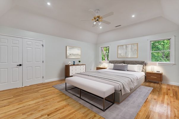 Bedroom, Interior, Recessed Lighting, Wood Texture Flooring